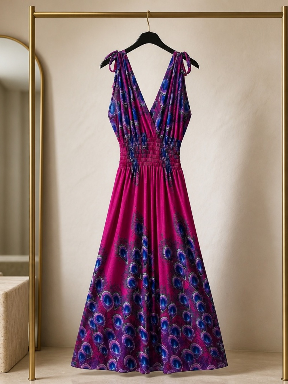 Women's Magenta Peacock-Print Maxi Dress